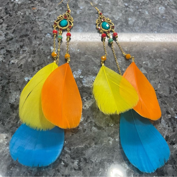 2/$25 or 3/$35 NWOT Colorful jeweled and feathered long drop earrings - Picture 4 of 5